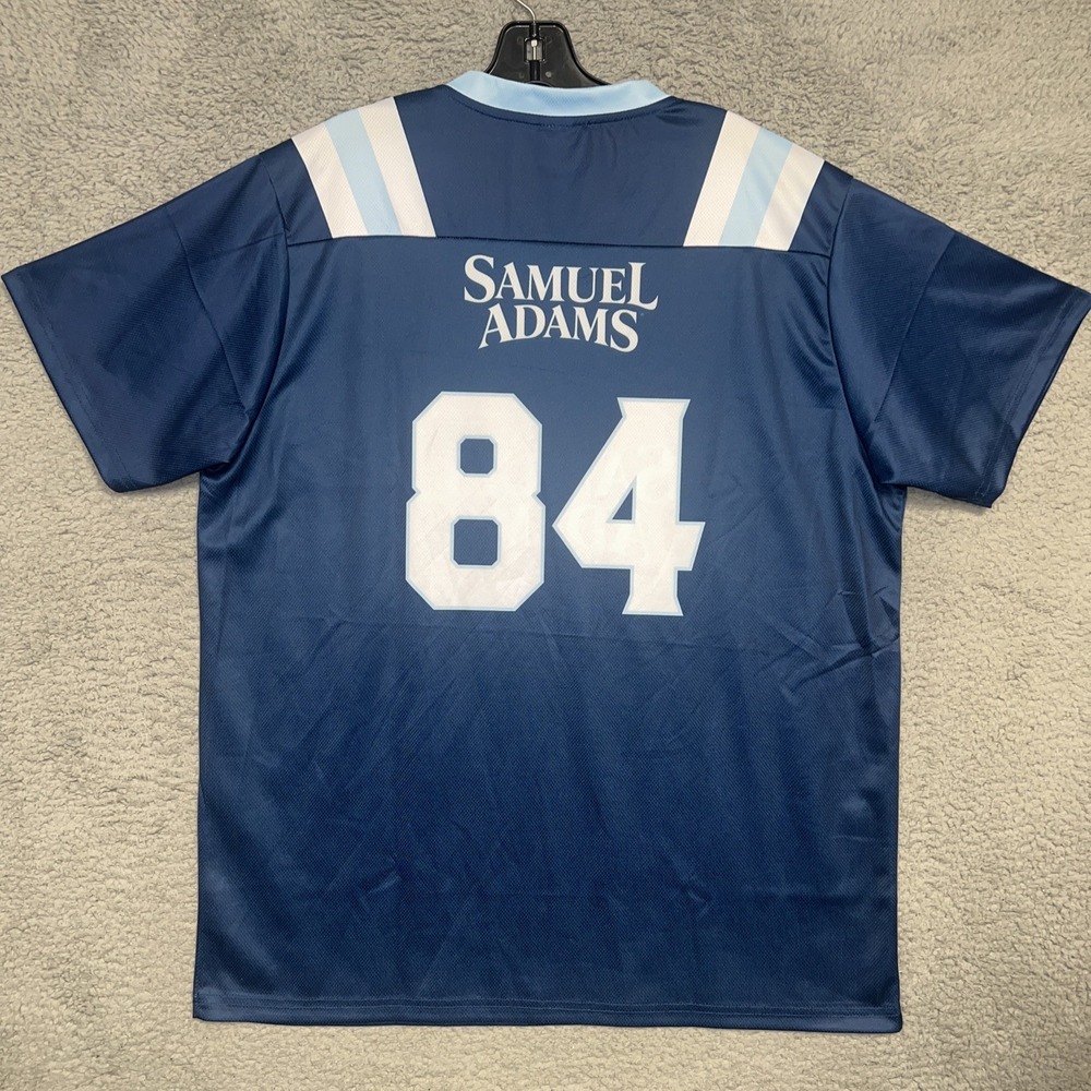 Official Samuel Adams Jersey Men's Sz L Blue #84 V Neck Boston Beer Football Tee